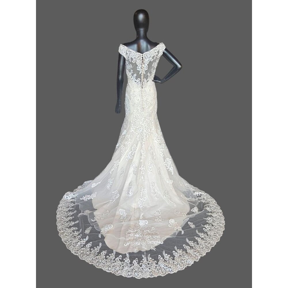 Ivory/Champagne Off Shoulder Fit and Flare Sparkle Illusion Wedding Gown - Picture 7 of 8